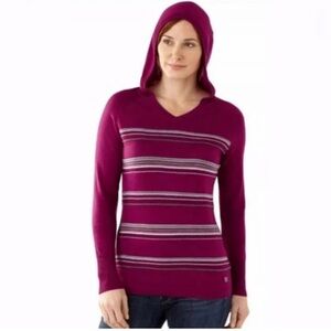 Smartwool Merino Wool Hooded Sweater in a berry purple and pink striped colorway